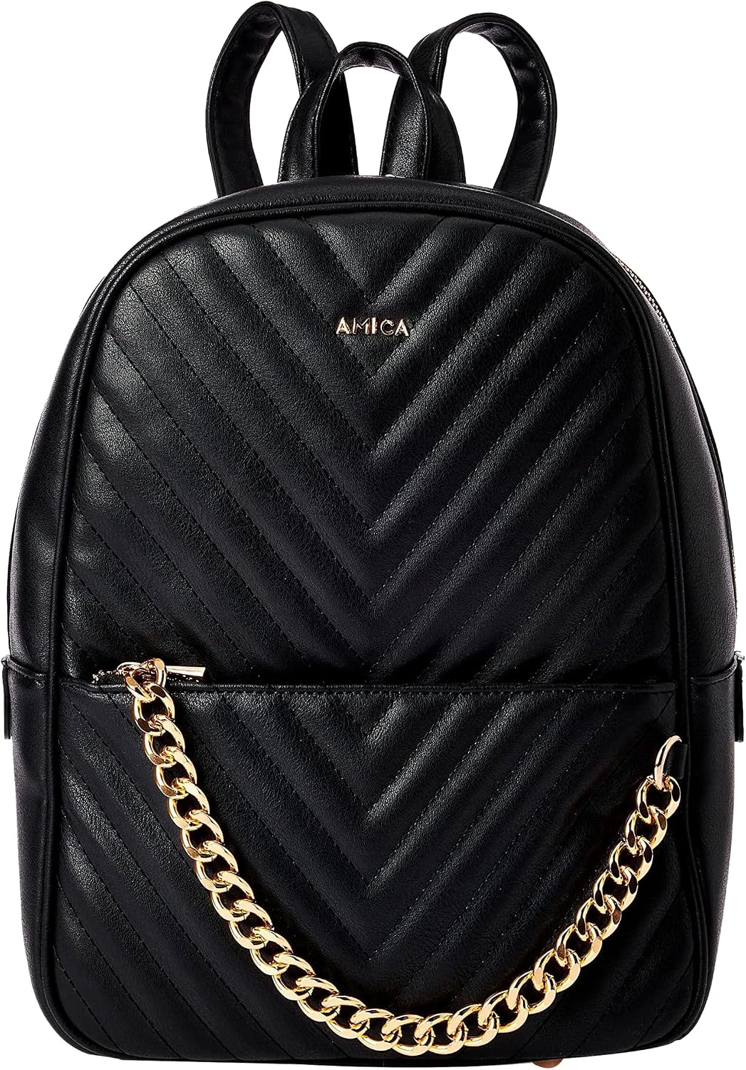 Amica Women Black Trendy Backpack With Zip Closure & Gold Chain, M